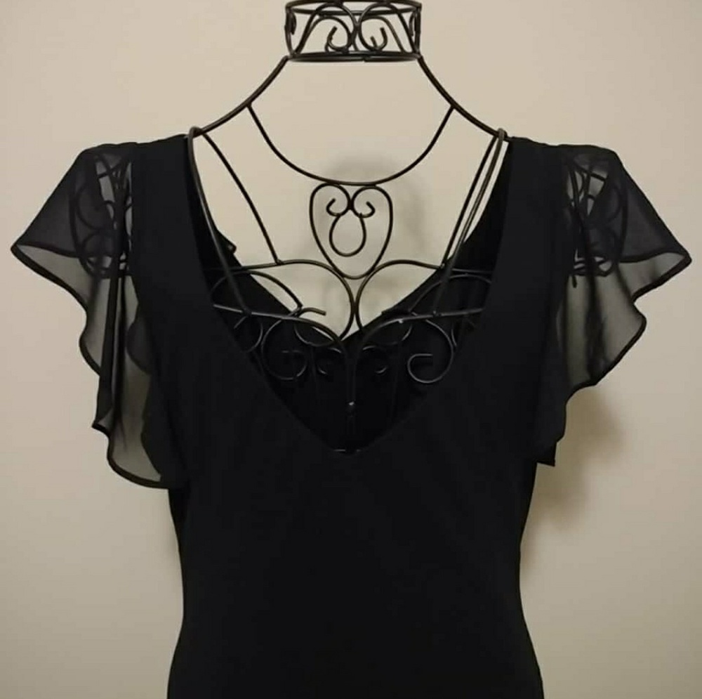 Black Dress Gold Embroidered Floral Ruffled Sleeve